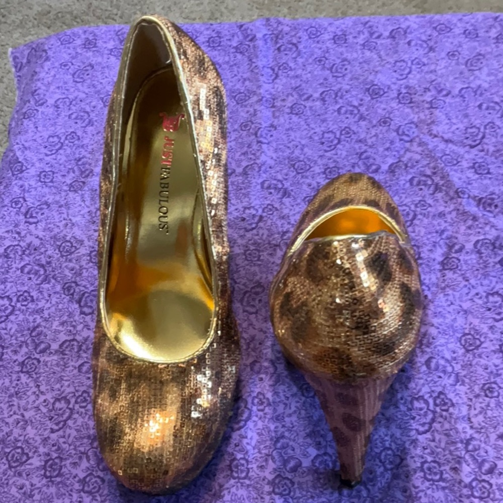JustFab Brown & Gold Leopard Print Sequin Pumps